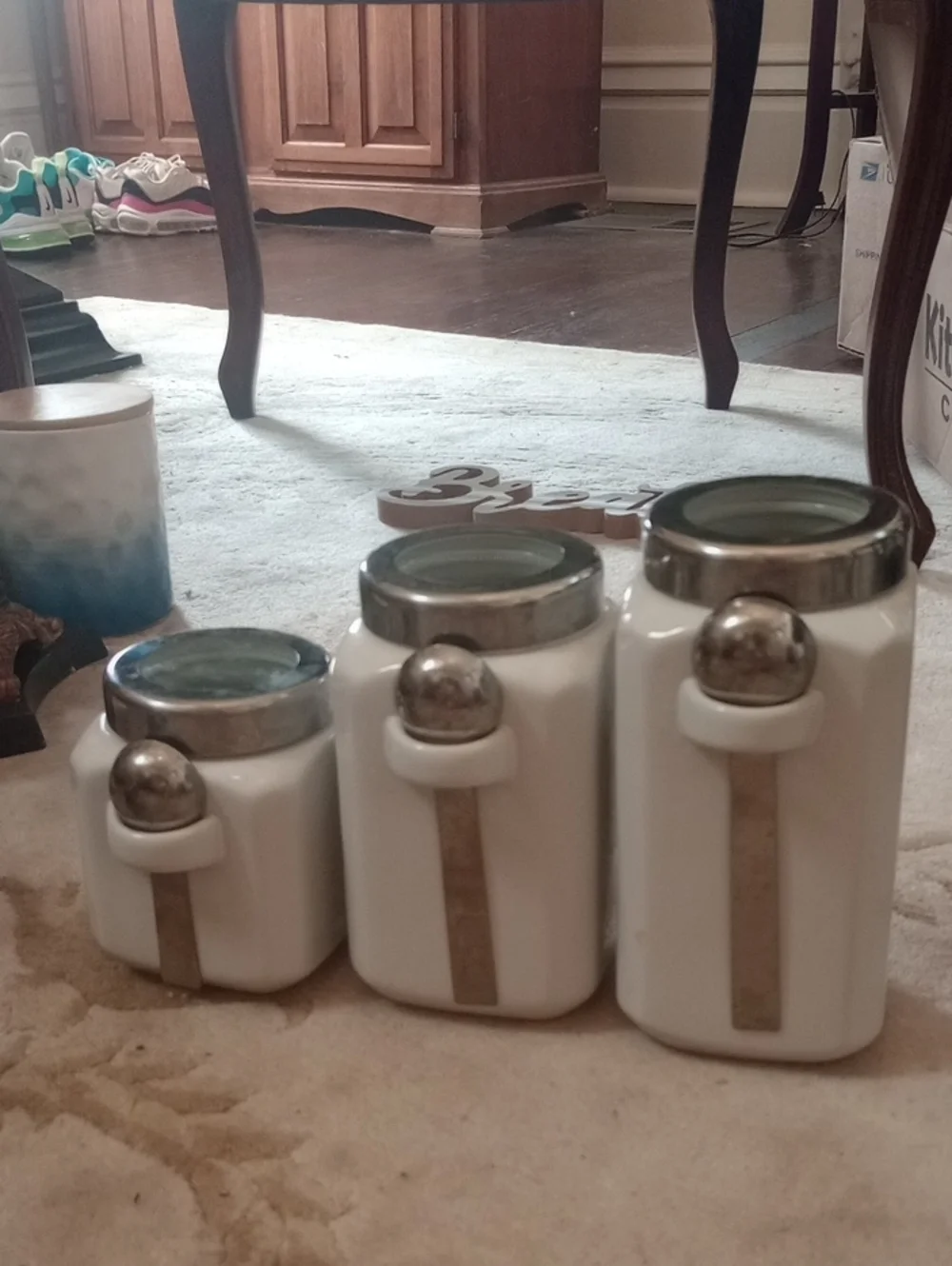 Mainstays White Ceramic Canister Set with Silver Lids & Measuring Spoon- 3-Piece